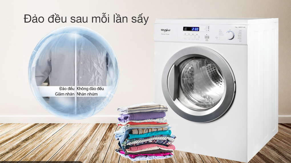 Có khả năng đảo đều sau mỗi lần sấy giúp giảm nhăn - Máy sấy Whirlpool AWD712S2