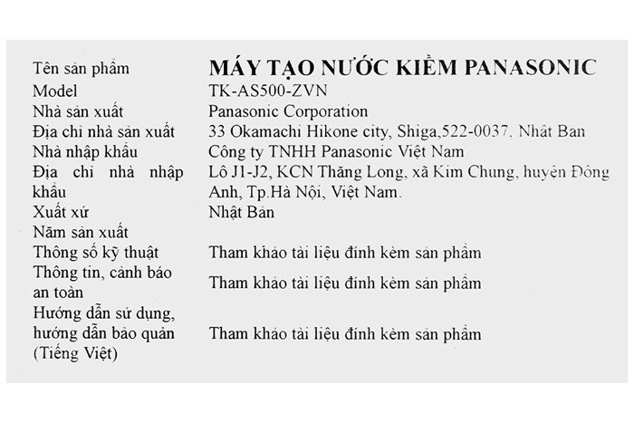 Hình ảnh sản phẩm - [TK-AS500-ZVN] Máy Lọc Nước Ion Kiềm Panasonic 3 Tấm Điện Cực