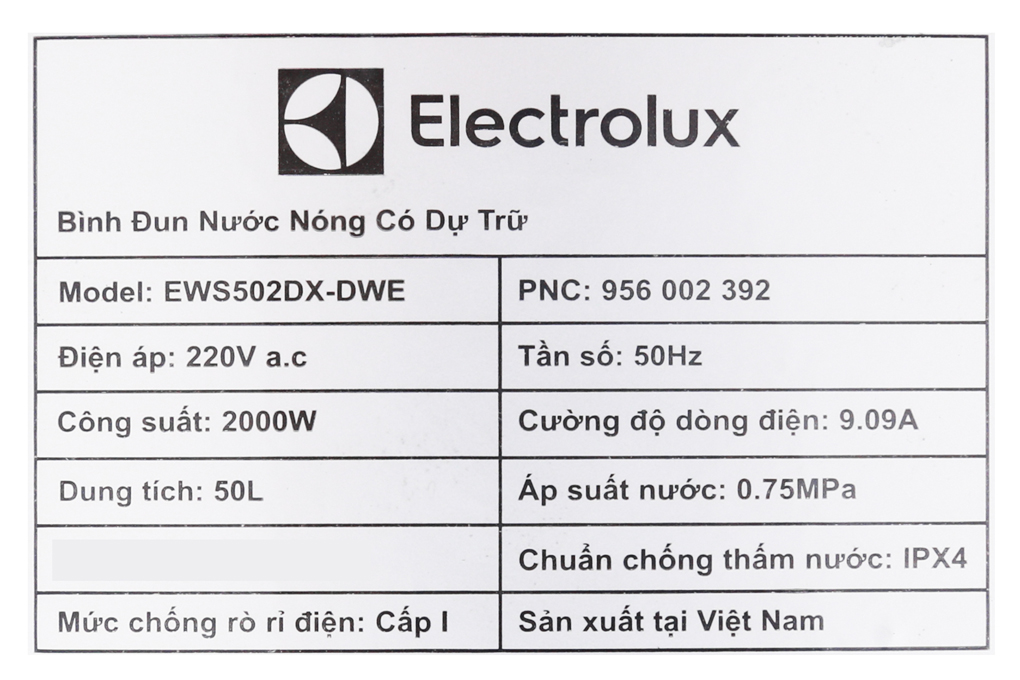 Hình ảnh sản phẩm - [EWS502DX-DWE] Máy nước nóng gián tiếp Electrolux - 50 lít - 2000W 