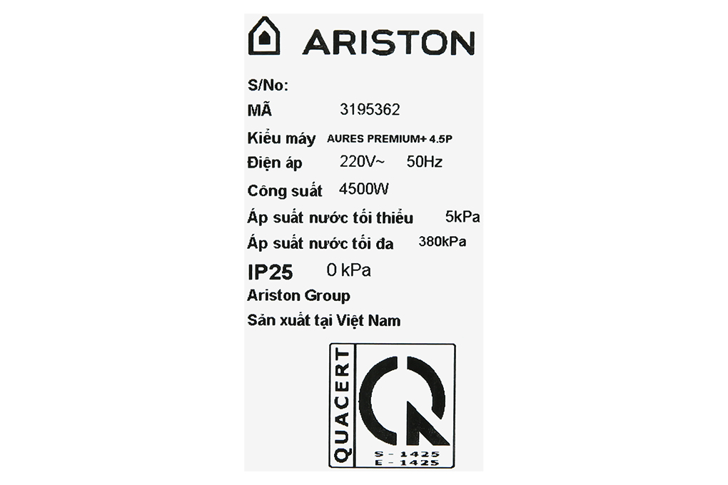 Hình ảnh sản phẩm - [AURES PREMIUM+ 4.5P] Máy nước nóng trực tiếp Ariston 4500W