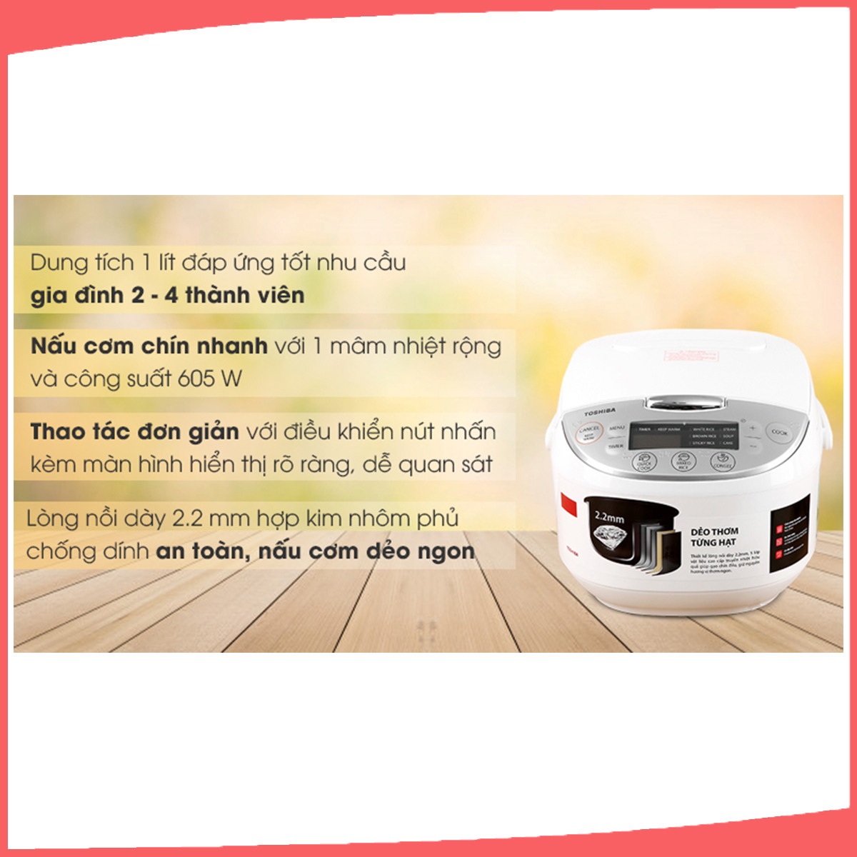 Hình ảnh sản phẩm - [RC-10DH2PV(W)] Nồi Cơm Điện Tử Toshiba 1.0 Lít