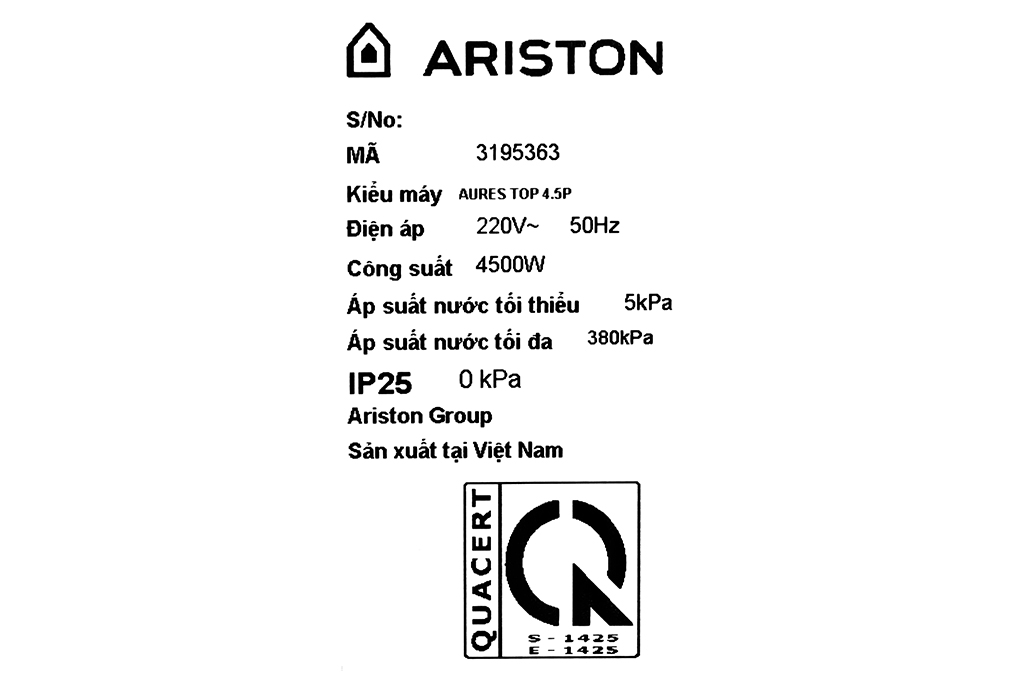 Hình ảnh sản phẩm - [AURES TOP 4.5P] Máy nước nóng trực tiếp Ariston 4500W