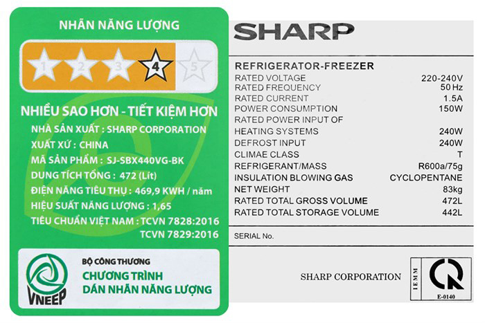Hình ảnh sản phẩm - [SJ-SBX440VG-BK] Tủ Lạnh Sharp Side By Side Inverter 442 Lít