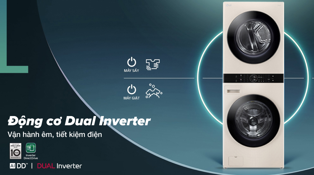 Tháp giặt sấy LG WashTower Inverter giặt 14 kg - sấy 10 kg WT1410NHE - Động cơ - Công nghệ tiết kiệm điện