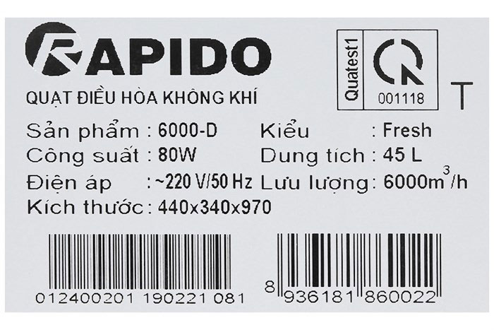 Hình ảnh sản phẩm - [TURBO-6000D] Quạt Điều Hoà Không Khí Rapido 80W