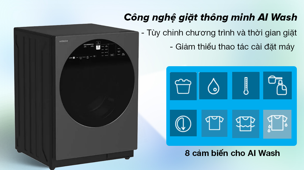 Máy giặt Inverter 10 kg Hitachi BD-100XGV MAG - Công nghệ giặt thông minh AI Wash tùy chỉnh chương trình và thời gian giặt tiện lợi