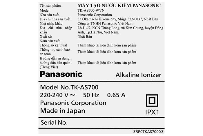 Hình ảnh sản phẩm - [TK-AS700-WVN] Máy Lọc Nước Điện Giải Ion Kiềm Panasonic 5 Tấm Điện Cực