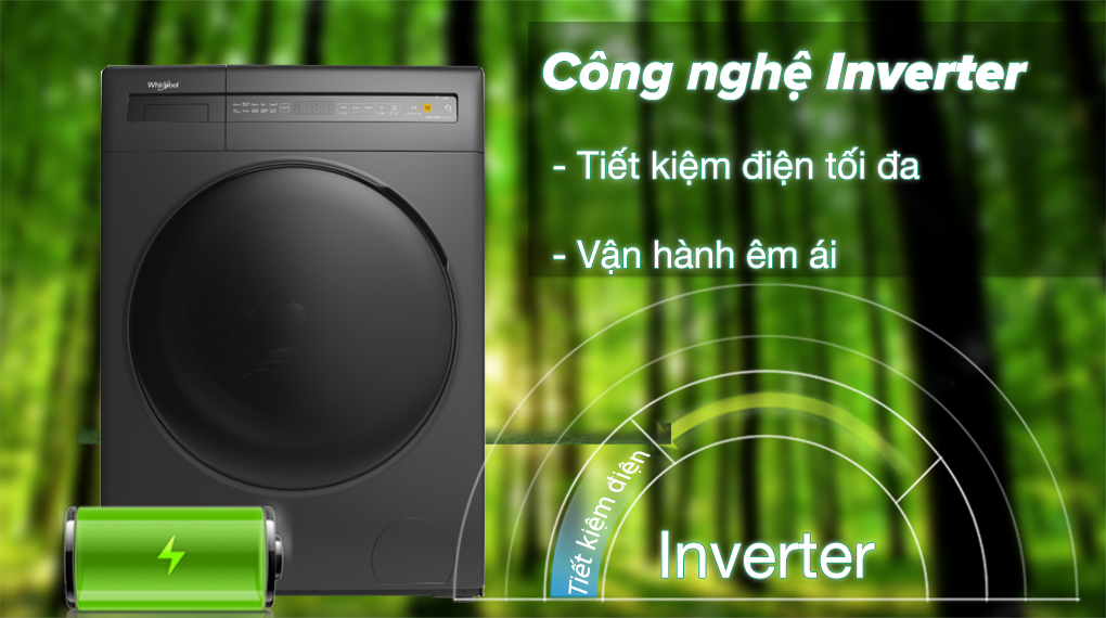 Tiết kiệm điện Inverter, vận hành êm ái - Máy giặt sấy Whirlpool WWEB95702FG