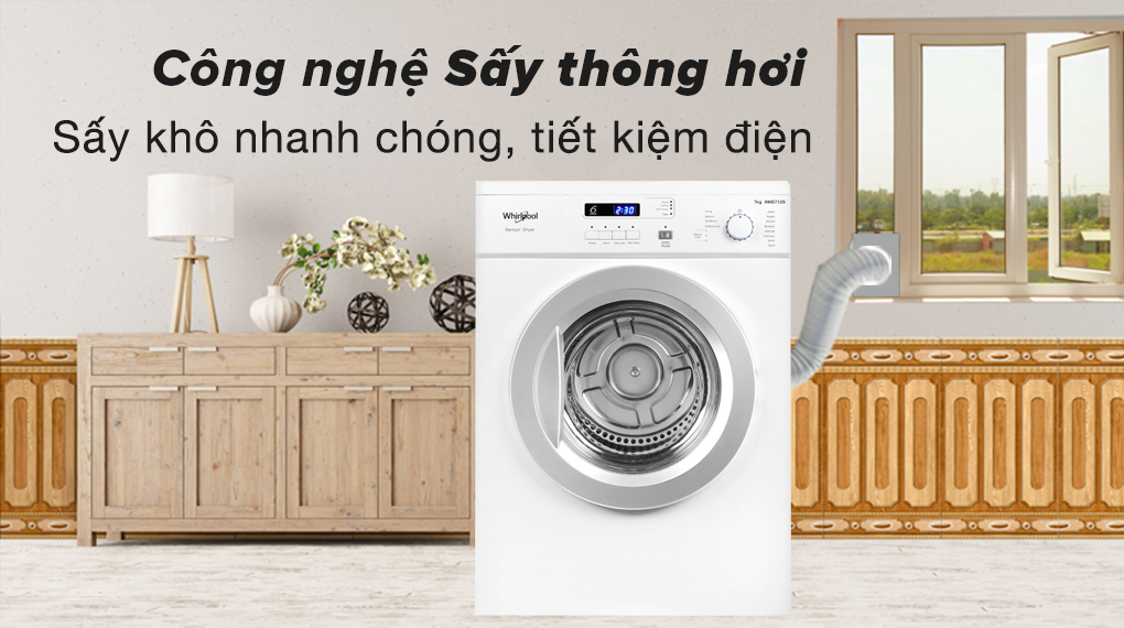 Sấy thông hơi làm khô nhanh và tiết kiệm điện - Máy sấy Whirlpool AWD712S2